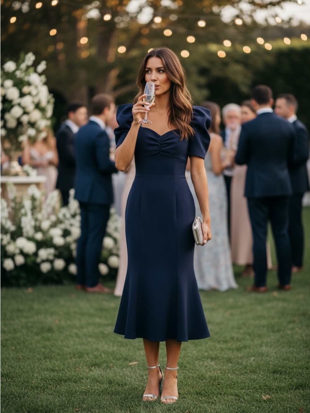 Likely NY Dress Womens 4 Navy Blue Sweetheart Midi Trumpet cut Flare Cocktail